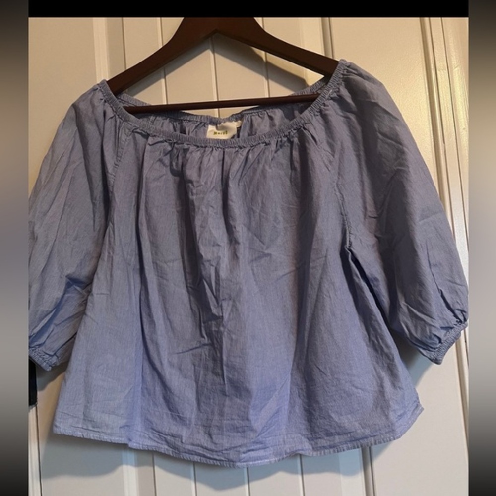 Maeve Anthropologie Off the Shoulder Peasant Top Blue/White Pin Stripe Small‎
